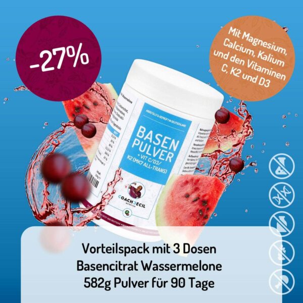 VORTEILSPACK MIT 3 DOSEN - BASENCITRAT MIT NATÜRLICHEN VITAMINEN, MAGNESIUM UND CALCIUM - GESCHMACK: WASSERMELONE