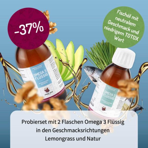 PROBIERSET OMEGA 3 FLÜSSIG MIT VITAMINEN UND ANTIOXIDANTIEN - LEMONGRASS UND NATÜRLICH