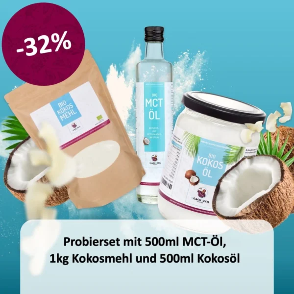 "VERRÜCKT NACH KOKOS" PROBIERSET - 500ML MCT-ÖL, 1KG KOKOSMEHL UND 500ML KOKOSÖL